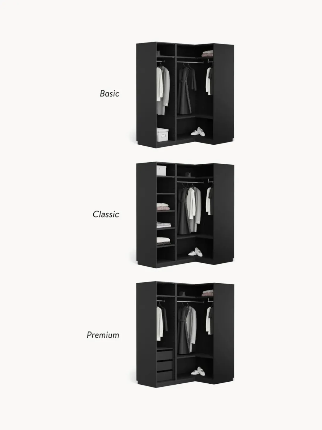 Armario esquinero modular Simone, 3 puertas (165 cm), variantes diferentes