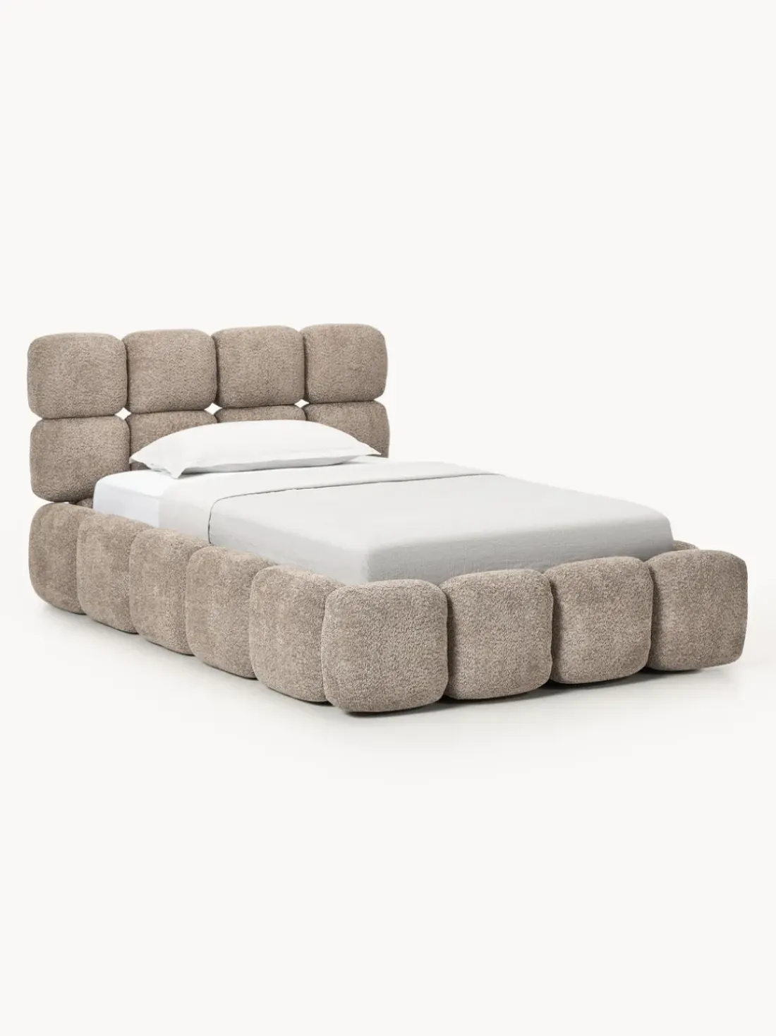 Cama individual tapizada en borreguillo bouclé con espacio de almacenamiento Tayla