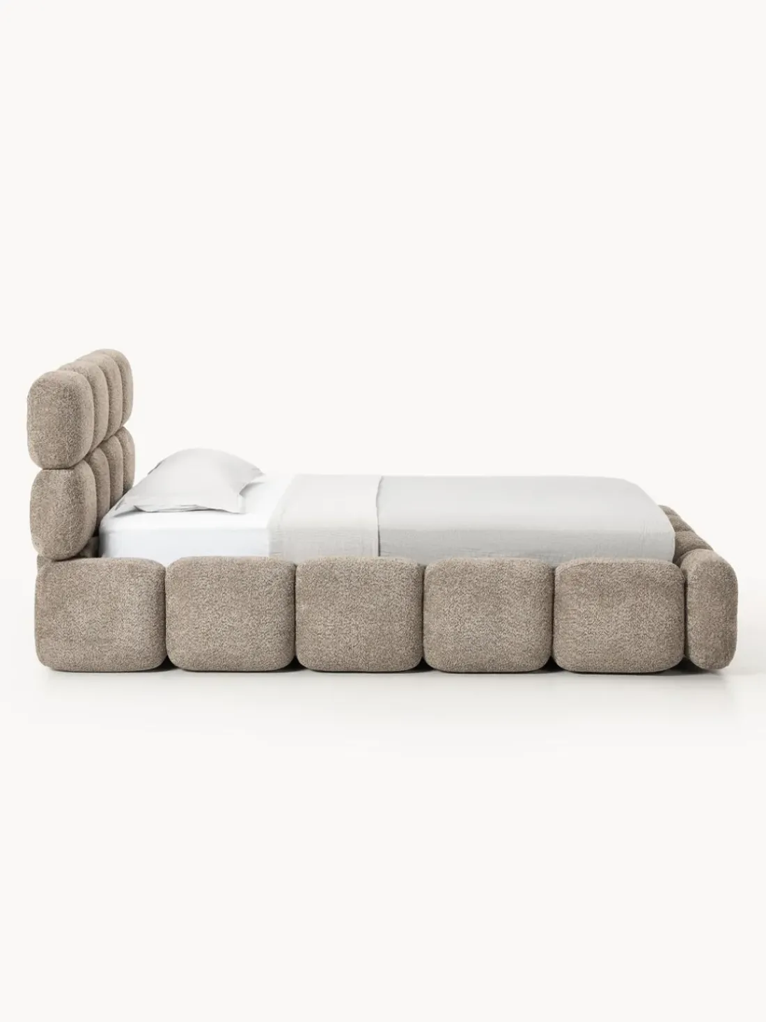 Cama individual tapizada en borreguillo bouclé con espacio de almacenamiento Tayla