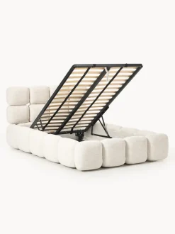 Cama individual tapizada en borreguillo bouclé con espacio de almacenamiento Tayla
