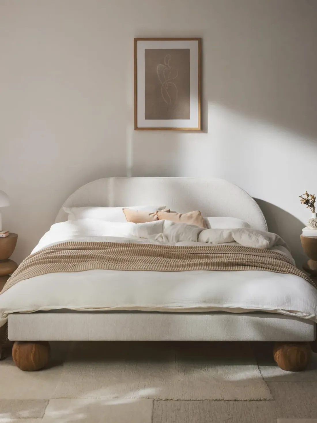 Cama tapizada con patas esféricas de madera Rena