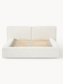 Cama tapizada en tejido bouclé Lennon, con espacio de almacenamiento