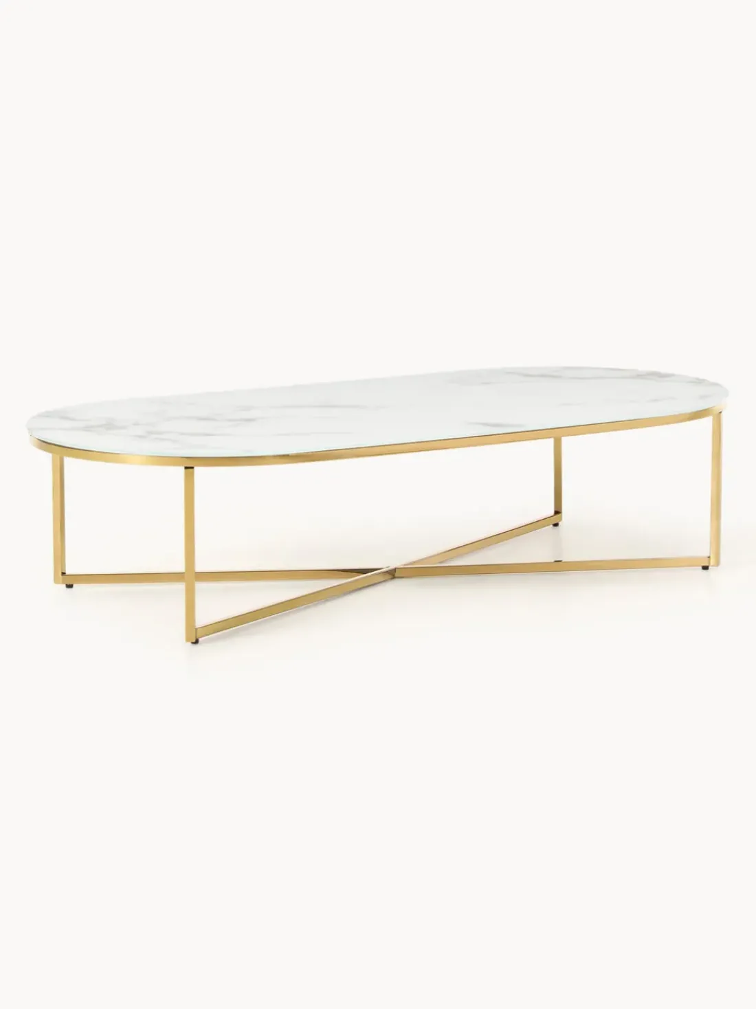 Mesa de centro ovalada con tablero de vidrio en look mármol Antigua