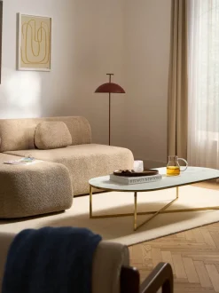 Mesa de centro ovalada con tablero de vidrio en look mármol Antigua