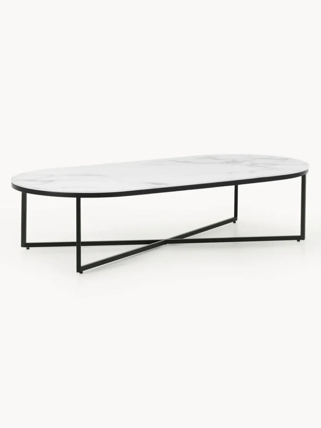 Mesa de centro ovalada con tablero de vidrio en look mármol Antigua