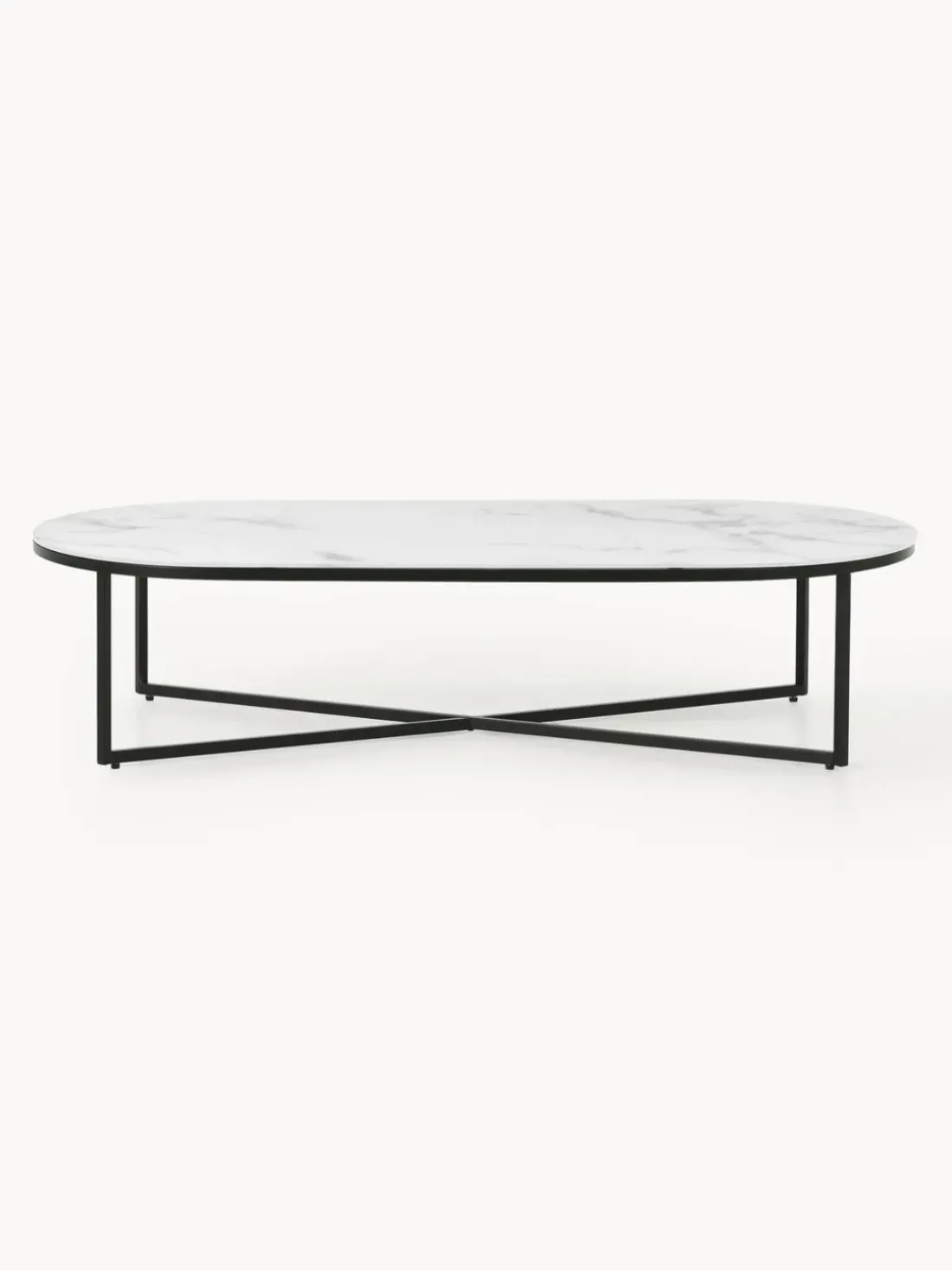 Mesa de centro ovalada con tablero de vidrio en look mármol Antigua