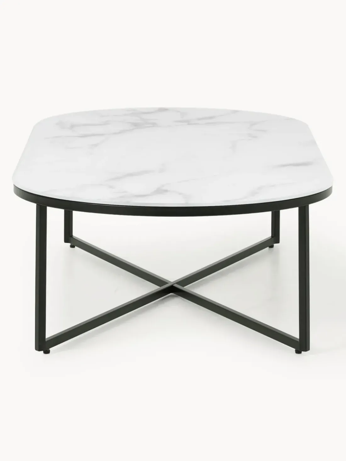 Mesa de centro ovalada con tablero de vidrio en look mármol Antigua