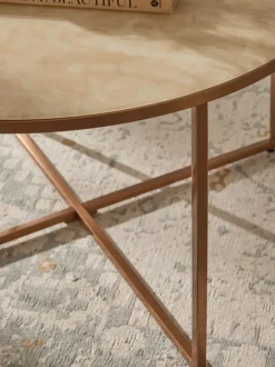 Mesa de centro redonda con tablero de vidrio en look mármol Antigua