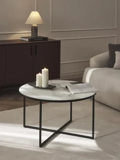 Mesa de centro redonda con tablero de vidrio en look mármol Antigua