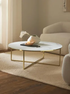 Mesa de centro redonda grande con tablero de vidrio en look mármol Antigua