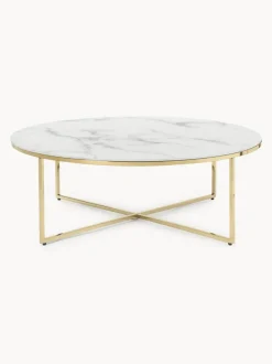Mesa de centro redonda grande con tablero de vidrio en look mármol Antigua