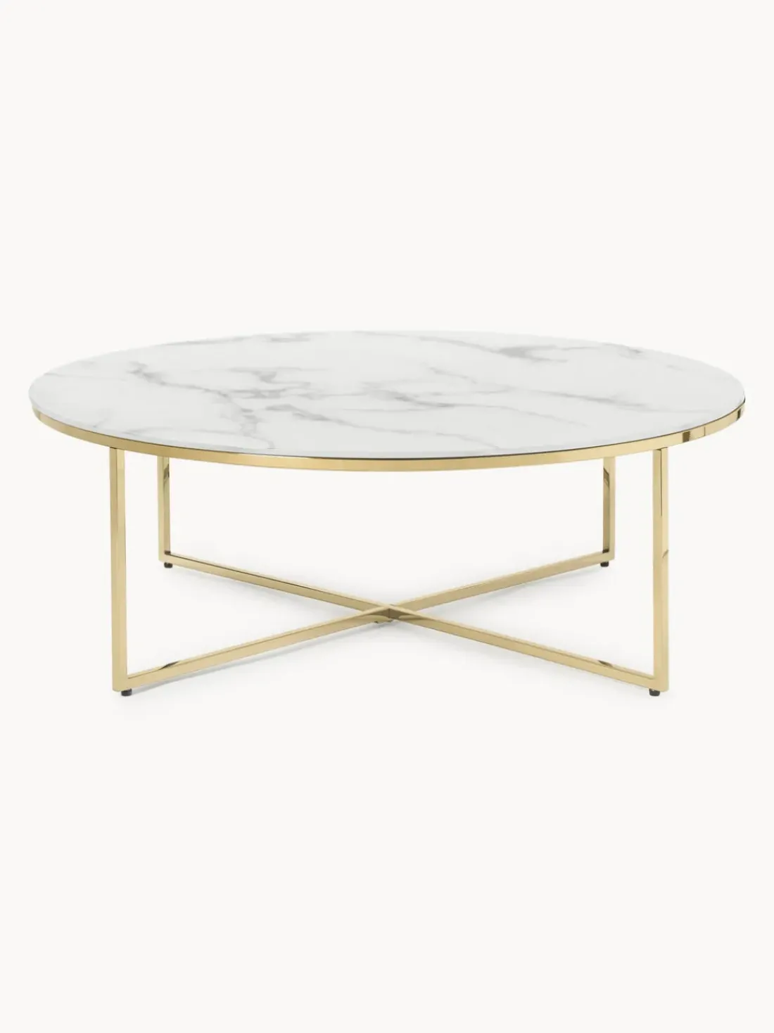 Mesa de centro redonda grande con tablero de vidrio en look mármol Antigua