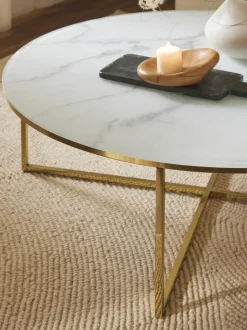 Mesa de centro redonda grande con tablero de vidrio en look mármol Antigua