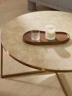Mesa de centro redonda grande Antigua, tablero de vidrio en aspecto mármol