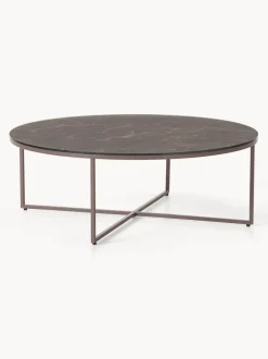 Mesa de centro redonda grande Antigua, tablero de vidrio en aspecto mármol