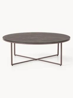Mesa de centro redonda grande Antigua, tablero de vidrio en aspecto mármol