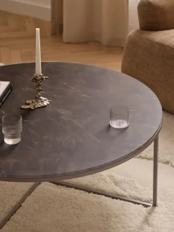 Mesa de centro redonda grande Antigua, tablero de vidrio en aspecto mármol