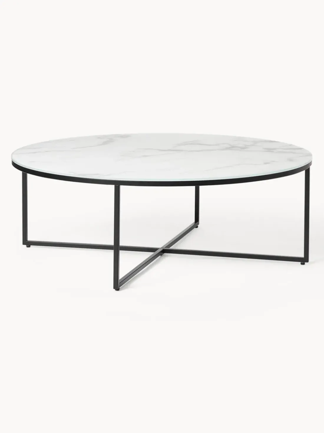 Mesa de centro redonda grande con tablero de vidrio en look mármol Antigua
