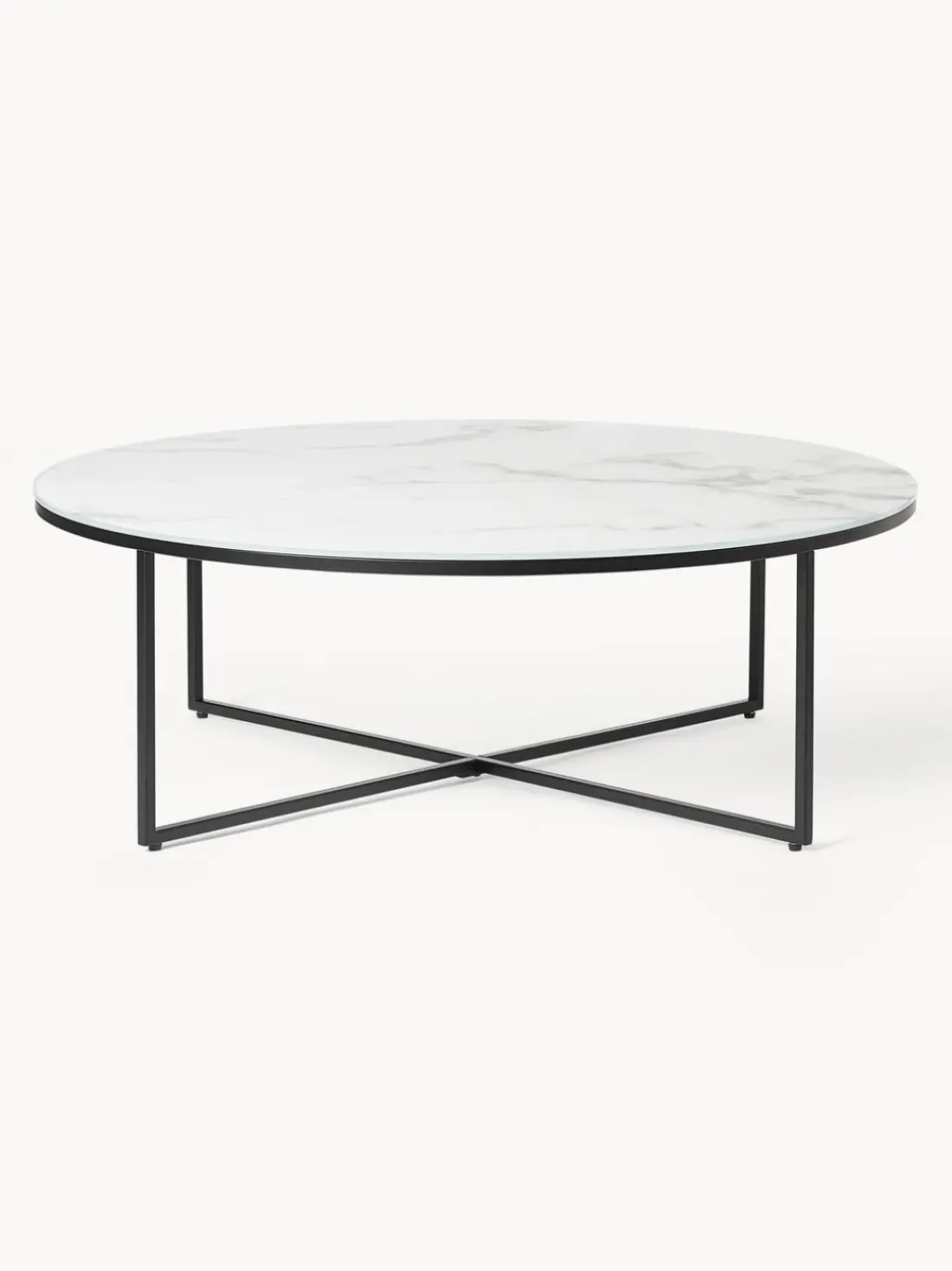 Mesa de centro redonda grande con tablero de vidrio en look mármol Antigua