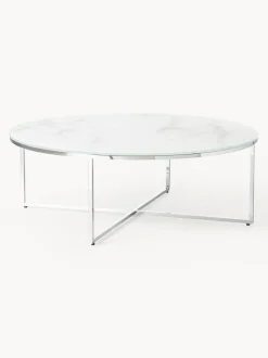 Mesa de centro redonda grande con tablero de vidrio en look mármol Antigua