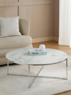 Mesa de centro redonda grande con tablero de vidrio en look mármol Antigua