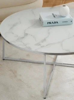 Mesa de centro redonda grande con tablero de vidrio en look mármol Antigua