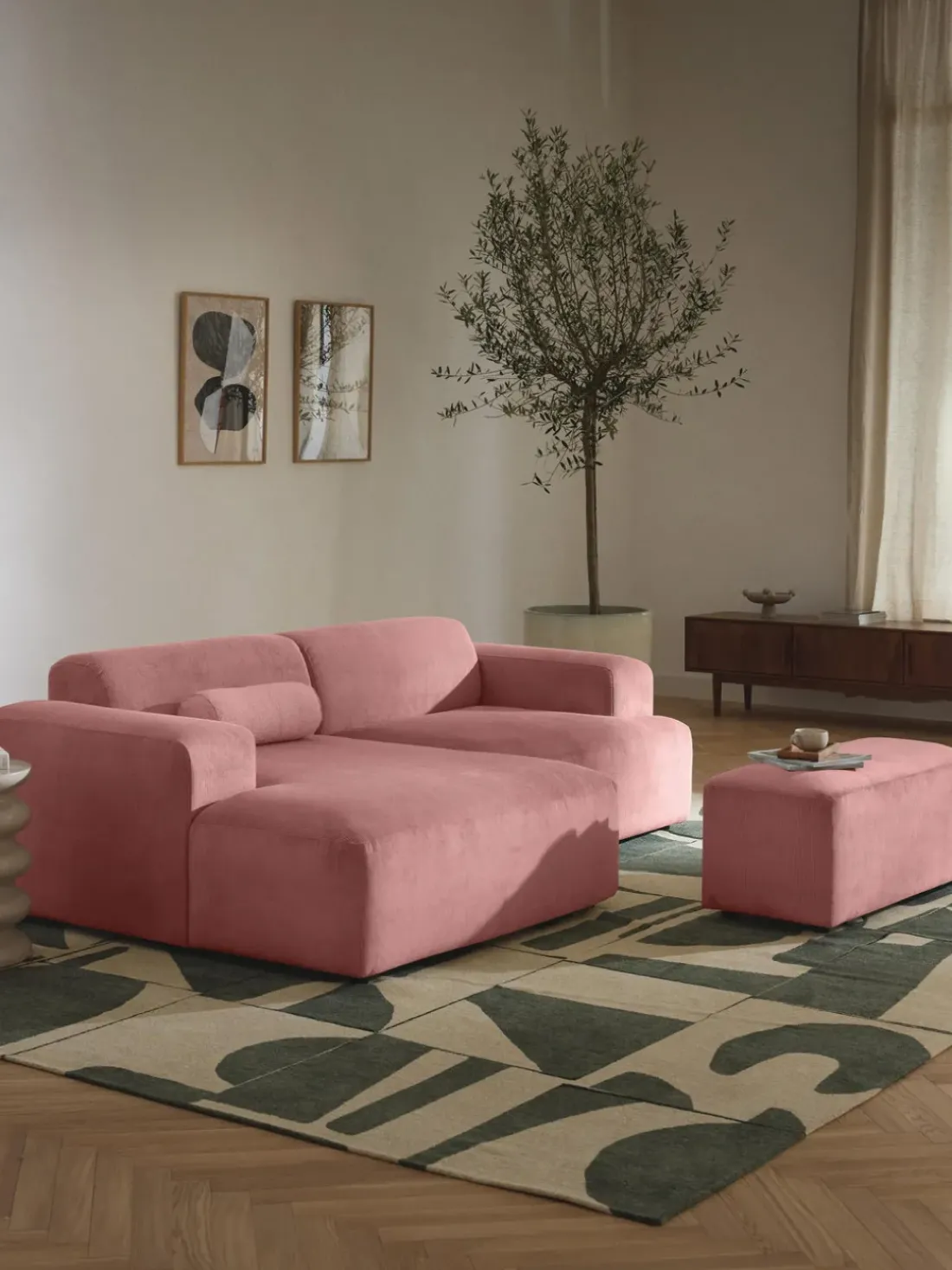 Puf reposapiés de pana grande Melva, 116 x 42 cm