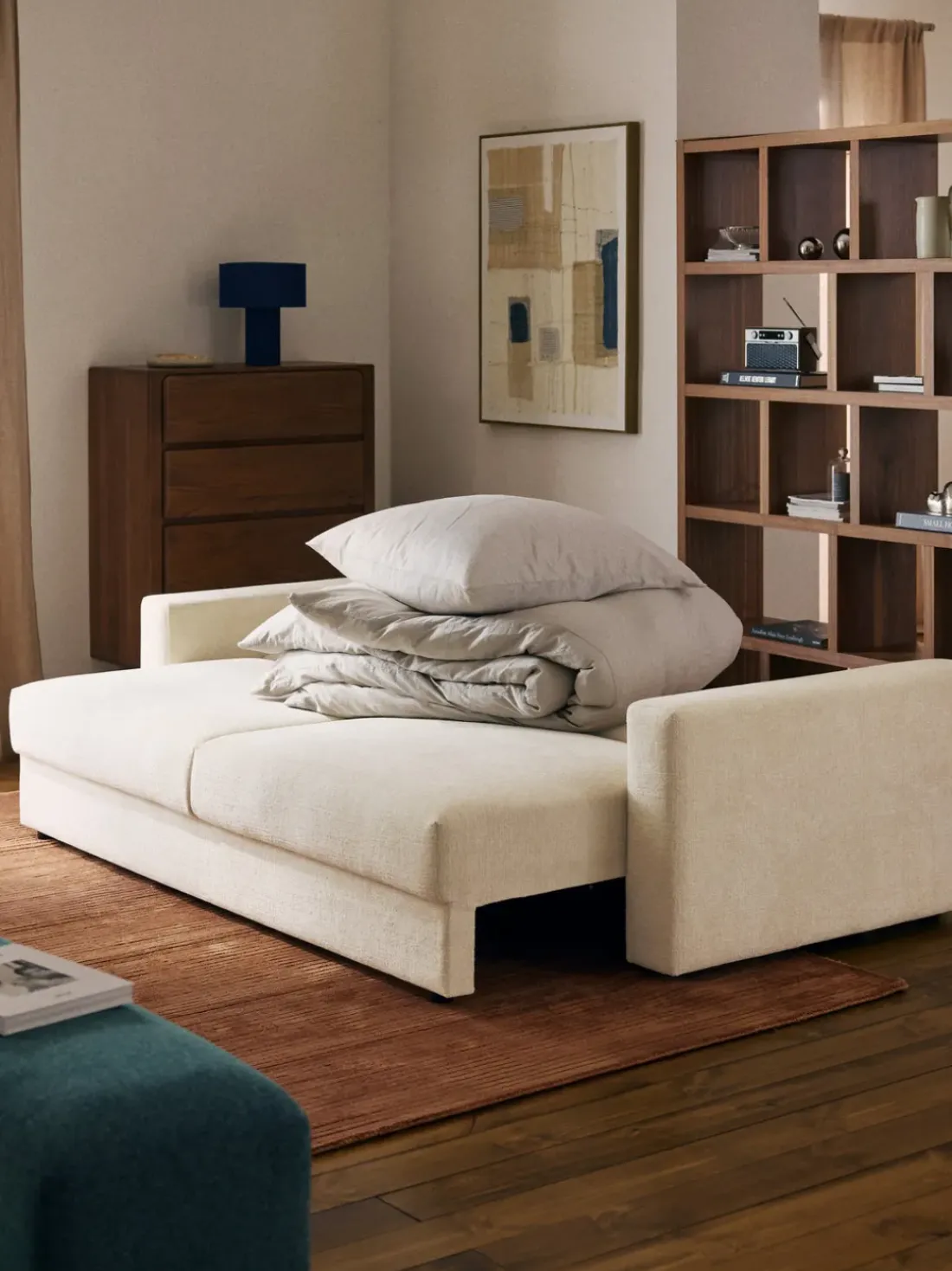 Sofá cama de terciopelo Tasha (3 plazas), con espacio de almacenamiento